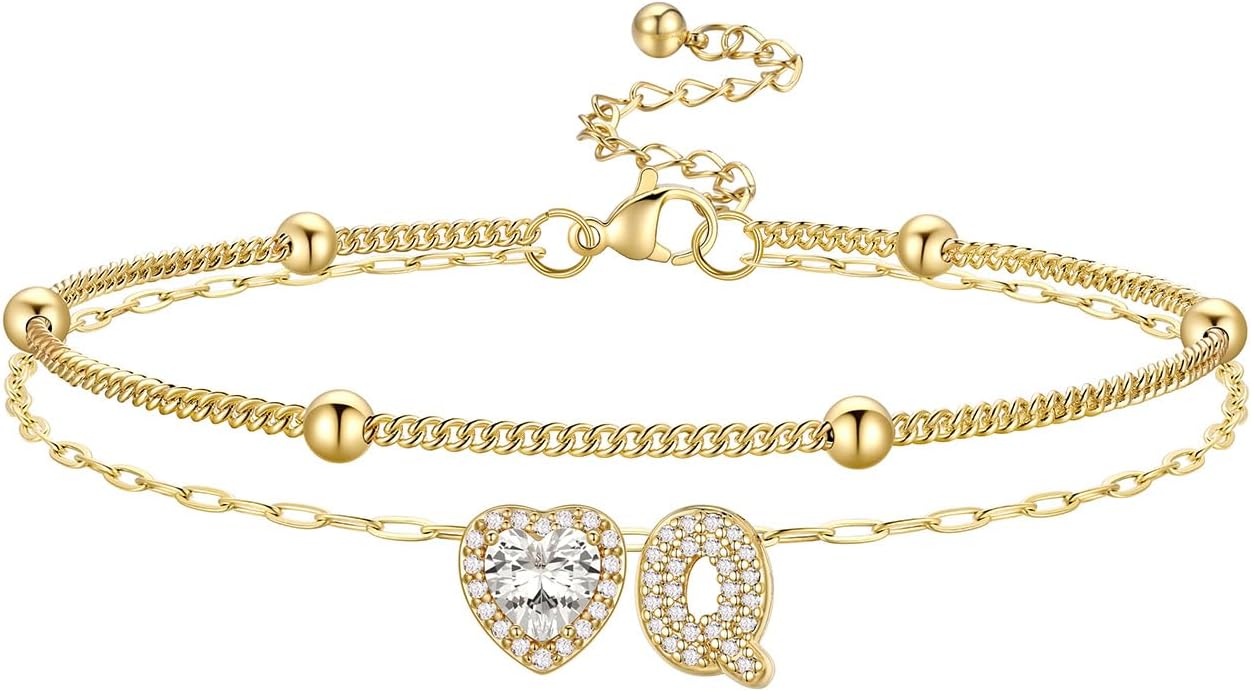 Bestyle Initial Anklet Bracelets for Women Waterproof Non Tarnish 14K Gold/White Gold Plated CZ Anklets for Women Dainty Layered Letter Heart Ankle Bracelets Adjustable Foot Chain Anklet