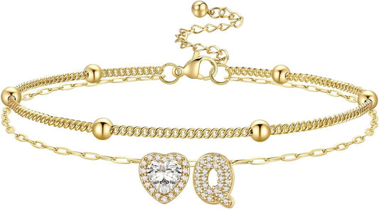 Bestyle Initial Anklet Bracelets for Women Waterproof Non Tarnish 14K Gold/White Gold Plated CZ Anklets for Women Dainty Layered Letter Heart Ankle Bracelets Adjustable Foot Chain Anklet