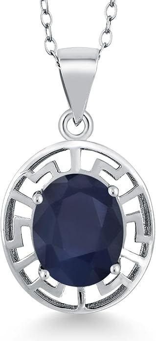 Gem Stone King 925 Sterling Silver 10X8MM Oval Gemstone Birthstone Necklace | Greek Key Pendant Necklace for Women | With 18 Inch Silver Chain