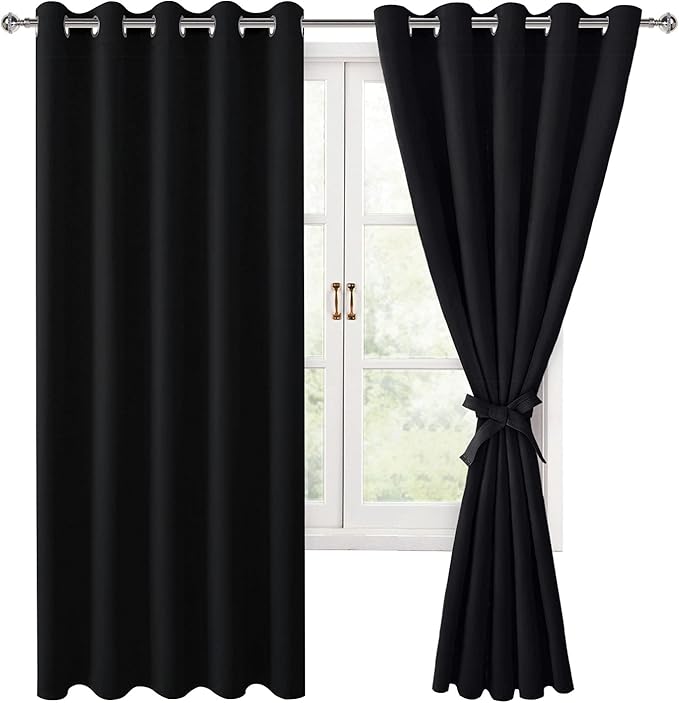 Hiasan Blackout Curtains for Bedroom, 60 x 63 Inches Length - Thermal Insulated & Noise reducing Window Curtains for Living Room, 2 Drape Panels Sewn with Tiebacks, Black