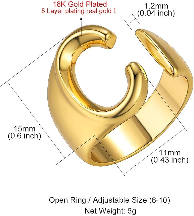 KeyStyle Bold Initial Letter Rings Adjustable, GoldChic Jewelry Women Gold Statement Ring Personalized Engraved Women’s Open Signet Ring for Party (Gold, White Gold, Black)