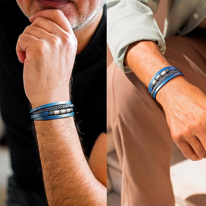 Mens Leather Bracelet Multi Layer – Braided Black Wristband with Stainless Steel Clasp, Minimalist Stylish Jewelry for Men, Everyday Wear Brown Black Blue