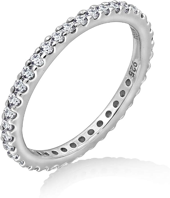 Amazon Essentials Platinum or Gold Plated Sterling Silver All-Around Band Ring set with Round Infinite Elements Cubic Zirconia