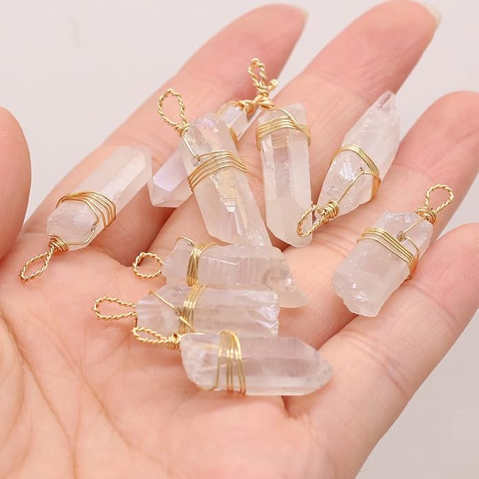 LHJ 7 Pcs Natural White Crystal Stone Pendants Original Raw Irregular Clear Quartz Copper Wire Wrapped Healing Stone Charms for Necklace Bracelet Jewelry Making Yoga Meditation