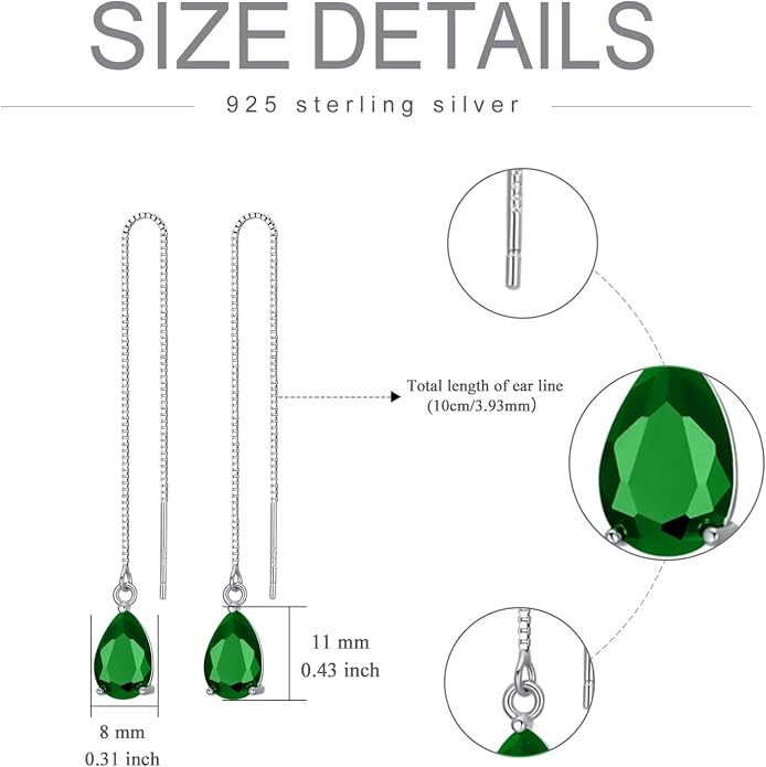 925 Sterling Silver Threader Drop Long Box Chain Ear Line Earrings with 11 * 8mm Birthstone Crystals, Birthday Jewelry Gifts for Women