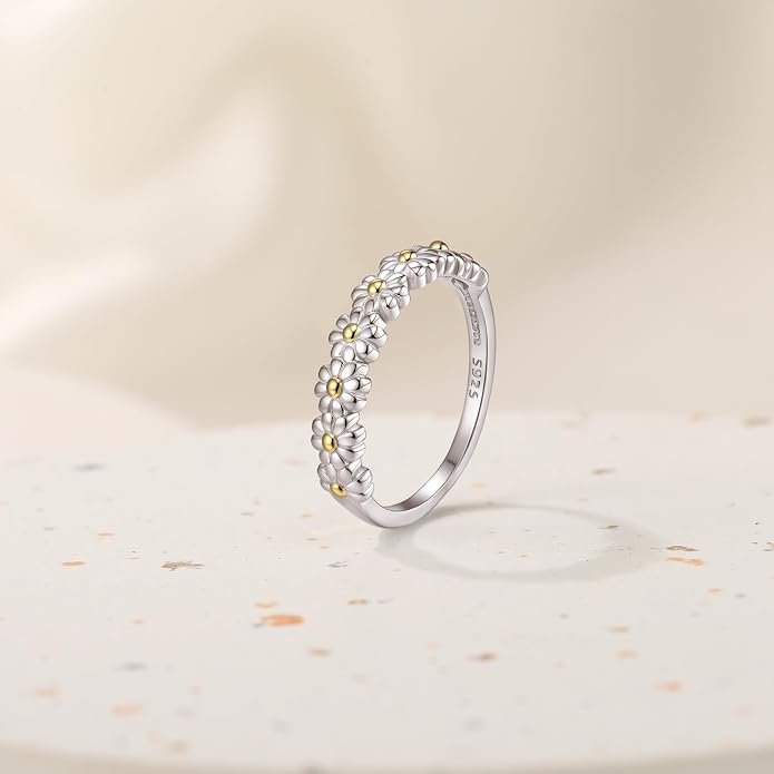 EVER FAITH Dainty 925 Sterling Silver Daisy Blooms Flower Ring Sunflower Stacking Promise Wedding Band Rings for Women