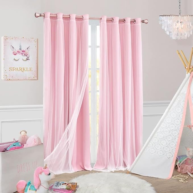 Short Pink Blackout Curtains with Sheer Overlay - Grommet Privacy Drapes, Cute Window Treatments for Kids/Girls Bedroom Nursery LivingRoom, 52 x 54 in, 2 PCs