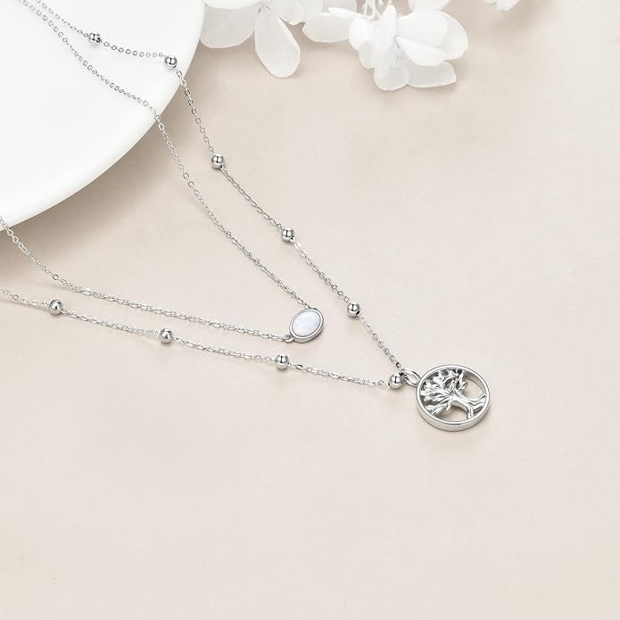 MONGAS Tree of Life/Infinity Cross/Lock and Key/Lotus/Hamsa/Horse/Strawberry/Opal/Lariat/Dragonfly/Heart/Violin Layered Necklace Sterling Silver for Women