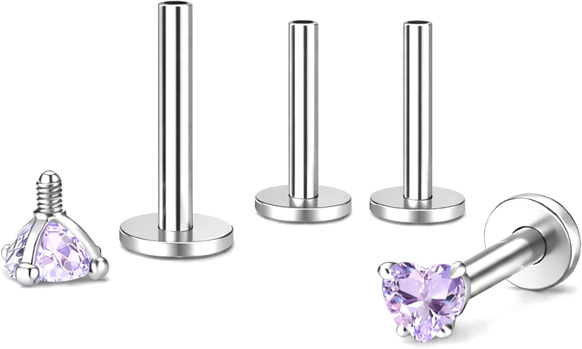 Titanium Heart CZ Labret Stud Earrings for Piercings by Ginger Lyne 6Pc Set G23 Screw Front Flat Back Body Jewelry 2 pair post 6mm, 8mm Cartilage, Helix, Tragus, Lip, Conch, Lobe