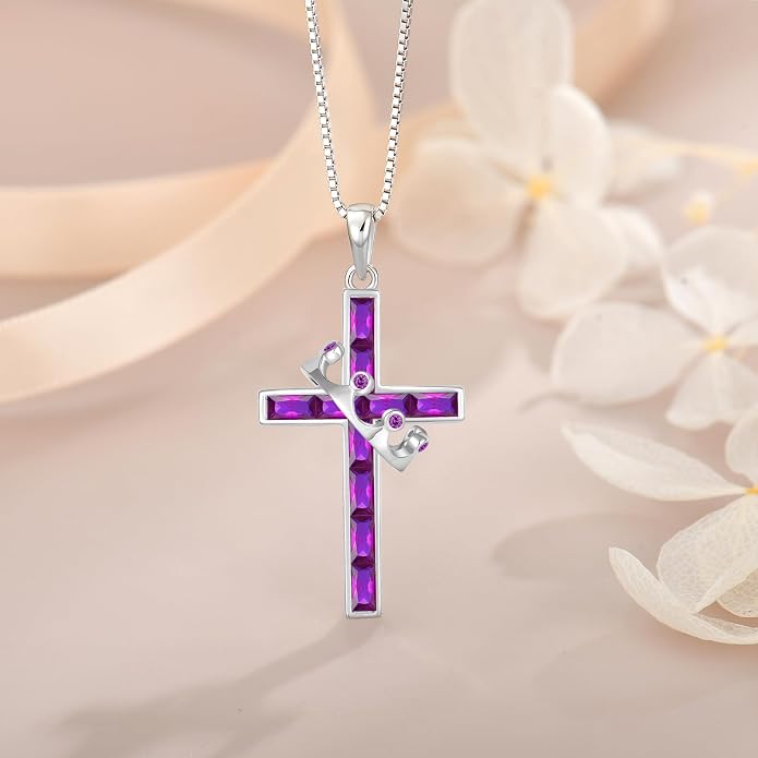 Gemstone Crown Cross Necklaces for Women, 925 Sterling Silver Rectangular cut Zircon Pendant With Rotated Crown Faith Cross Jewelry Gift