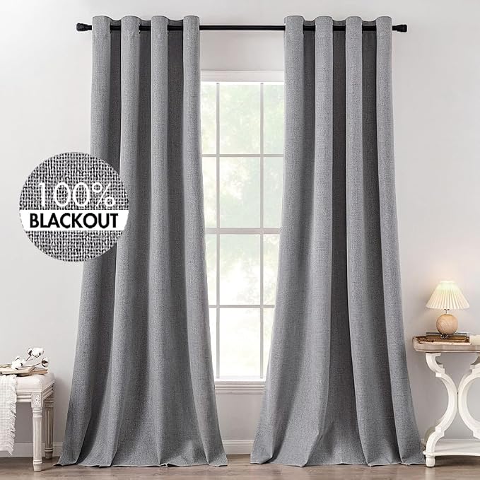 MIULEE Linen Texture Curtains for Bedroom Solid 100% Blackout Thermal Insulated Grey Curtains Grommet Room Darkening Curtains/Draperies Luxury Decor for Living Room 52x120 Inch (2 Panels)