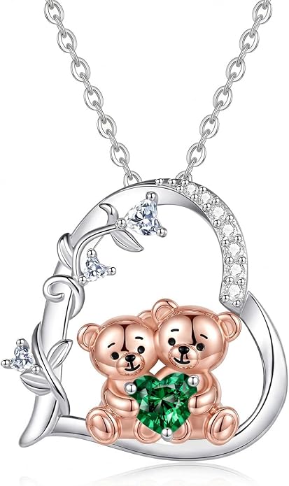 PELOVNY Teddy Bear Necklace for Women 925 Sterling Silver Bear/Highland Cow/Fox/Cat/Axolotl Birthstone Necklace Christmas Birthday Jewelry Gifts for Mom Daughter Wife Sister