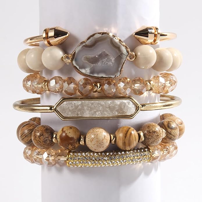 Yomisa 5PCS 6PCS Natural Boho Beaded Bracelets/Bangle for Women Men,Healing Turquoise Jasper Agate Crystal Gemstone Stone Chakra Multilayer Wrap Bohemian Handmade Jewelry Beads Stretch Bracelet Set