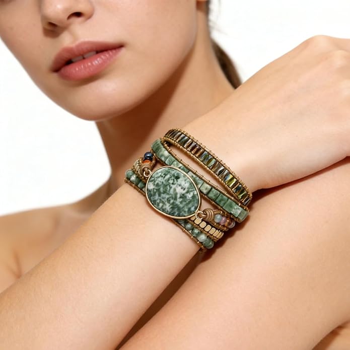 Boho Wrap Bracelet for Women, Handmade Natural Imperial Jasper Multi-Layer Stone Beaded Bracelet, Bohemian Healing Crystal Stone Jewelry Gifts