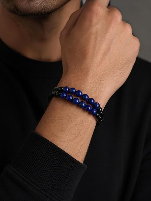 Black Braided Leather Bracelet for Men with Turquoise, Lapis Lazuli, Tiger Eye, Obsidian Stone Double-Row Wristband Beads with Stainless Steel Clasp Fashion Jewelry Gift for Him