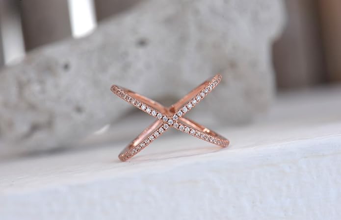 LEMON GRASS Womens Criss Cross Ring Diamond X Ring Micropave CZ Inlay 14K Rose Gold Plating Size 4 5 6 7 8 9 10