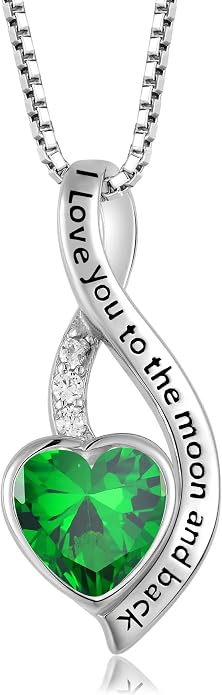 I Love You to The Moon and Back Necklace for Women, 925 Sterling Silver Heart Birthstone Pendant Necklace Jewelry Anniversary Birthday Gifts for Girls Women Wife Mom Daughter