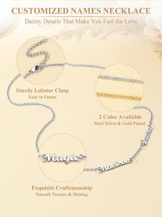 Custom4U Custom Name Necklace for Women, Personalized 1-5 Name Necklace, Sterling Silver/Stainless Steel 14K Gold Plated Nameplate Necklaces, Gift for Mom Wife Anniversary Birthday with Box