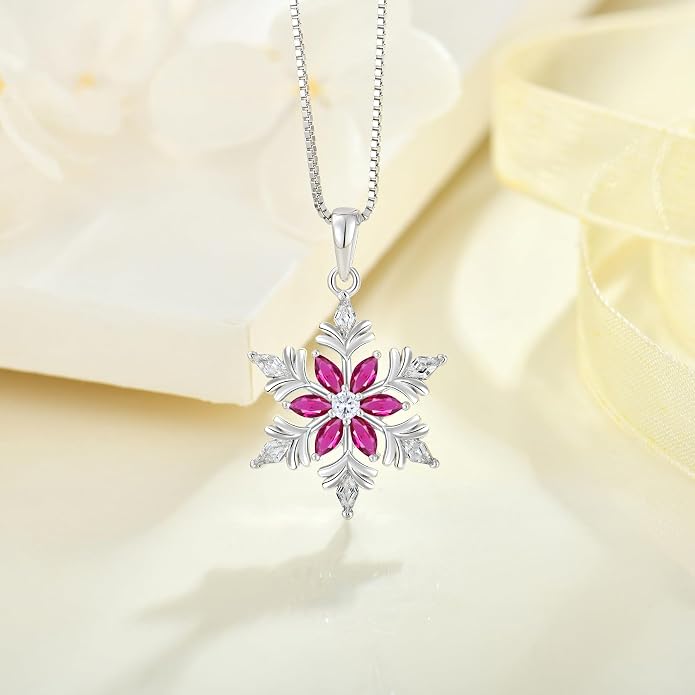 925 Sterling Silver Snowflake Necklace for Women Birthstone Snowflake Pendant Necklace Cubic Zirconia Christmas Jewelry