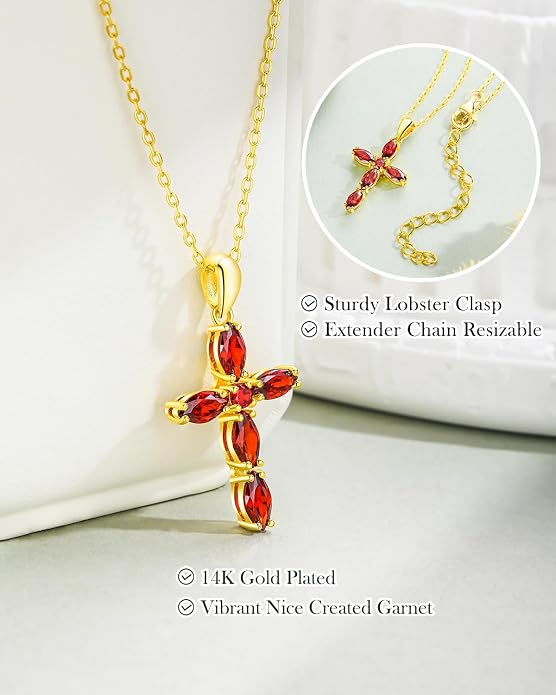 14K Gold Plated 925 Sterling Silver Birthstone Cross Necklace for Women Men