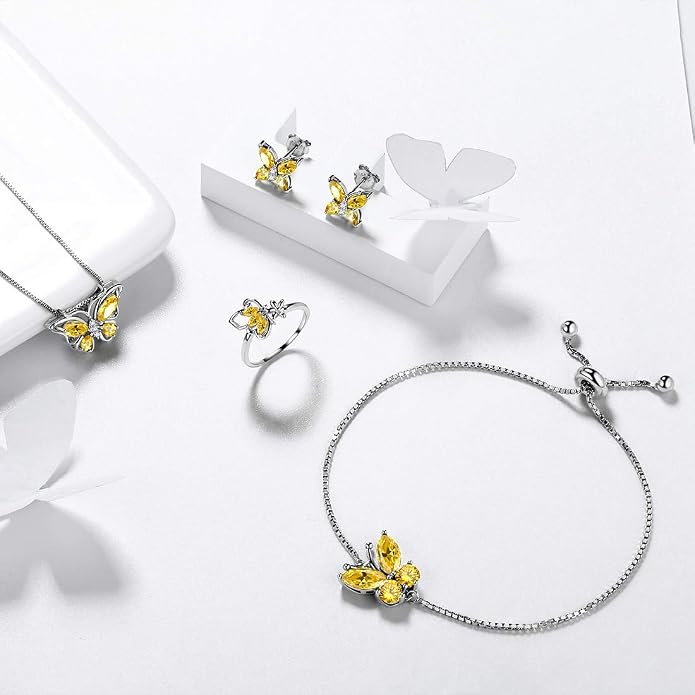 Aurora Tears Butterfly Jewelry,Women 925 Sterling Silver Butterflies Birthstone Pendant Necklace/Earrings/Rings Wedding Gift