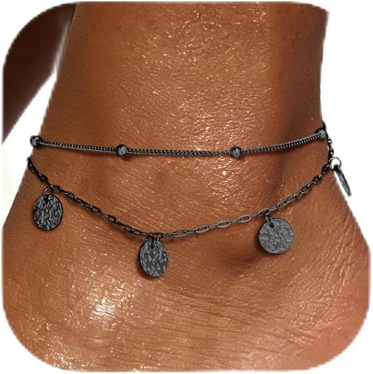 FOCALOOK 14K Gold Plated Anklets for Women Waterproof Plus Size Ankle Bracelet 8.5-10.5 Inch Adjustable Mariner/Figaro/Flat Snake/Cuban Link Chain Anklet Jewelry for Summer Beach Holiday