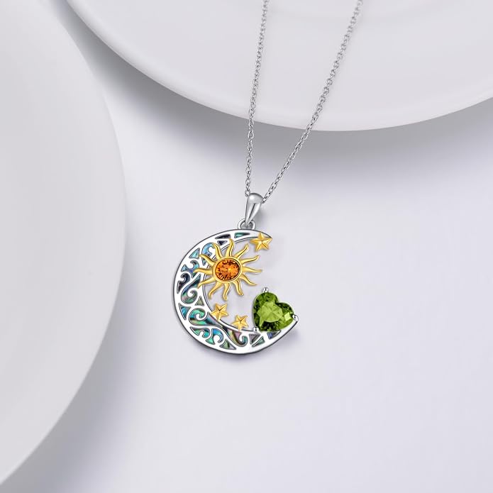 AOBOCO 925 Sterling Silver Sun and Moon Star Pendant Necklace with Simulated Birthstone, Birthday Christmas Jewelry Gift for Women Teen Girls
