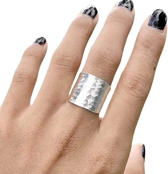 Hammered Sterling Silver Handmade Wide Band Ring, Classic Shiny Finish Flat Wrap Band, Adjustable to Sizes 6-12, Can fit Also as Thumb ring, Gift for Her