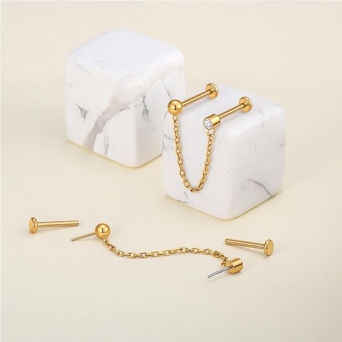 1 Pair ASTM F136 Titanium Double Piercing Dangle Earrings, Cubic Zirconia Dainty Chain Earrings for Helix Conch Earlobe