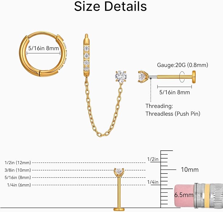 1 Pair ASTM F136 Titanium Double Piercing Dangle Earrings, Cubic Zirconia Dainty Chain Earrings for Helix Conch Earlobe