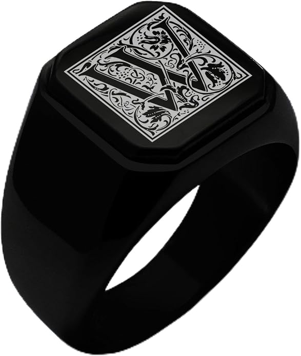 Jewelry | Stainless Steel Letter Alphabet Initial Ring | Square Flat Top Ring for Men & Women | Stainless Steel Jewelry, (Black, Gold, Silver), Size 7-16