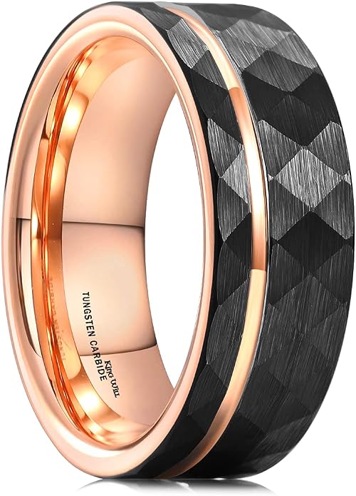 King Will Men's 8mm Tungsten Carbide Wedding Band, Hammered Faceted Diamond Cut Ring with Groove Inlay, Geometric Industrial Engagement Band for Men Women Comfort Fit Size 7-14
