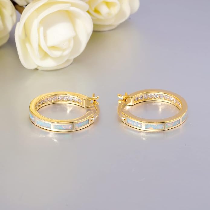 CiNily Sterling Silver/Rose Gold/Yellow Gold Plated Hoop Earrings 20mm,Multicolor Opal Small Hoop Earrings for Women Girls Hypoallergenic Jewelry for Sensitive Ears Gemstone Earrings
