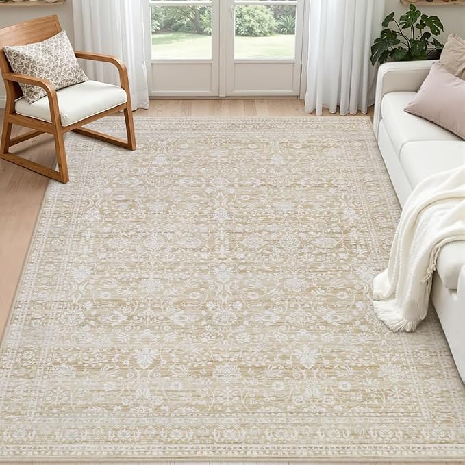 6x9 Area Rugs for Living Room: Vintage Boho Neutral Washable Rug Indoor Soft Large Area Rug Carpet for Bedroom Nursery Farmhouse Dining Room Office Floor Non-Slip Low Pile Under Table Natural Beige