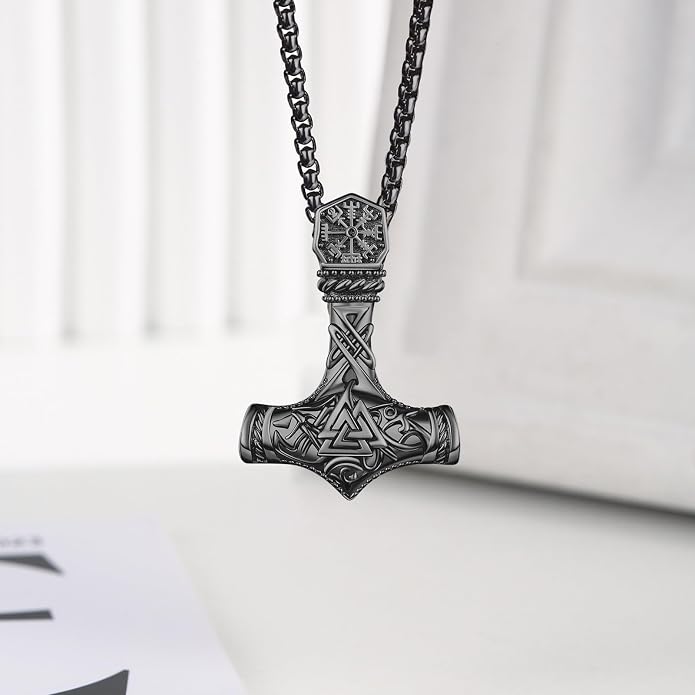 925 Sterling Silver Viking Norse Mjolnir Thor Hammer Pendant Amulet Necklaces with Gifts Box
