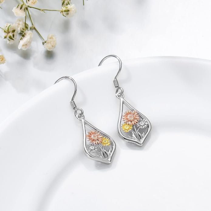 WINNICACA Sterling Silver Dangle Drop Earrings for Women Mom Flower Leverback Earrings Jewelry Christmas Anniversary Birthday Gifts