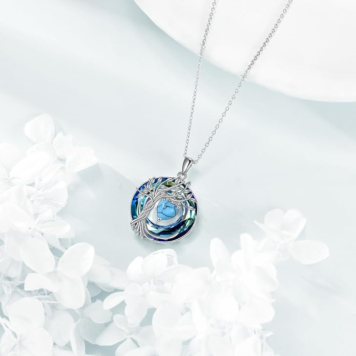 POPLYKE Mothers Day Gifts for Mom Her Wife Tree of Life Necklace 925 Sterling Silver Birthstone Pendant with Crystal Anniversary Birthday Wedding Jewelry for Women