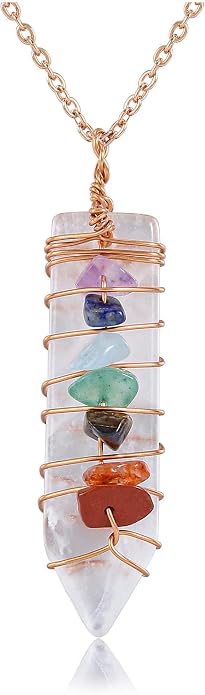 GEHECRST Natural Raw Clear Quartz Point Pendant Necklace Reiki 7 Chakra Healing Crystal Gemstone Chips Rose Gold Copper Wires Wrapped Necklace for Men, Women