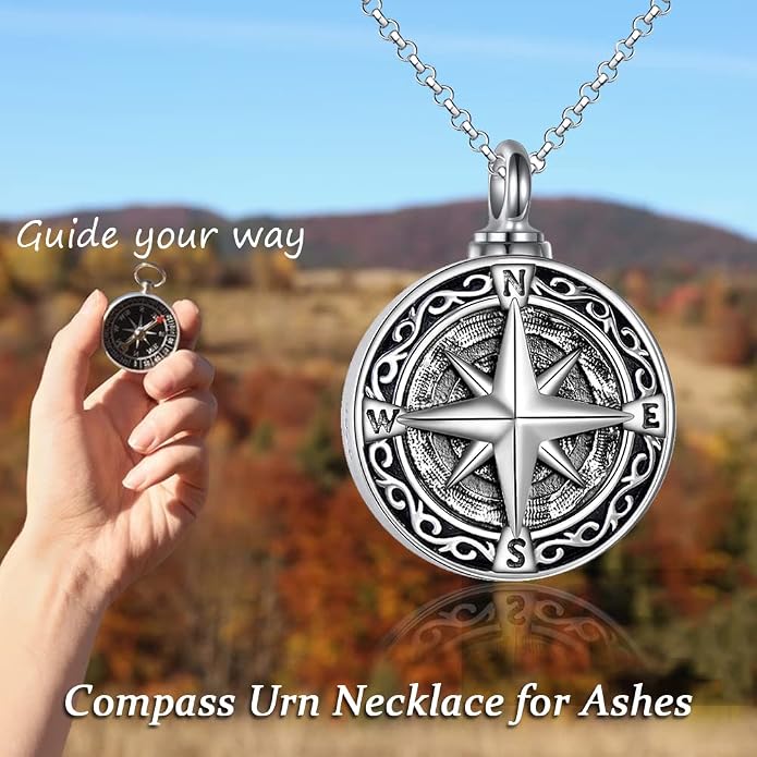 VONALA Halloween Necklace Sterling silver Pirate Skull Thor Hammer Wolf Compass Necklace for Men Compass Urn Necklace for Ashes Nordic Viking Jewelry Women
