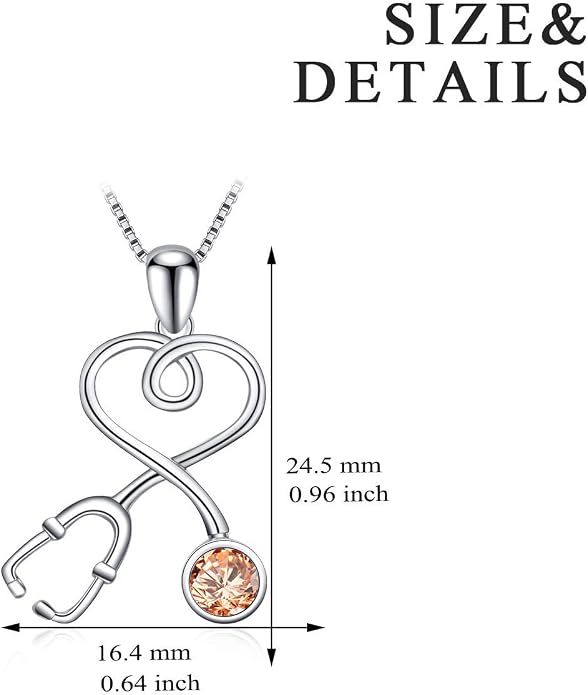 AOBOCO Stethoscope Necklace 925 Sterling Silver Embellished with 12 Months Birthstone Crystals from Austria, Graduation Gifts Medical Jewelry for Doctor Nurse Medical Student RN