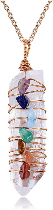 GEHECRST Natural Raw Clear Quartz Point Pendant Necklace Reiki 7 Chakra Healing Crystal Gemstone Chips Rose Gold Copper Wires Wrapped Necklace for Men, Women