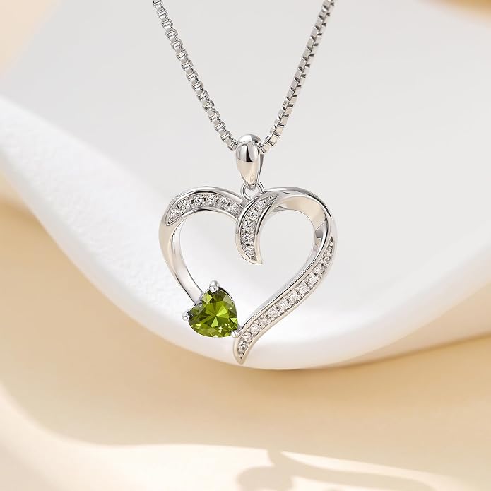 Love Heart Necklace for Women, 925 Sterling Silver Cubic Zirconia Birthstone Heart Pendant Jewelry Gift for Mom, Mother, Wife, Girlfriend on Birthday, Mother's Day, Chain 18 inch