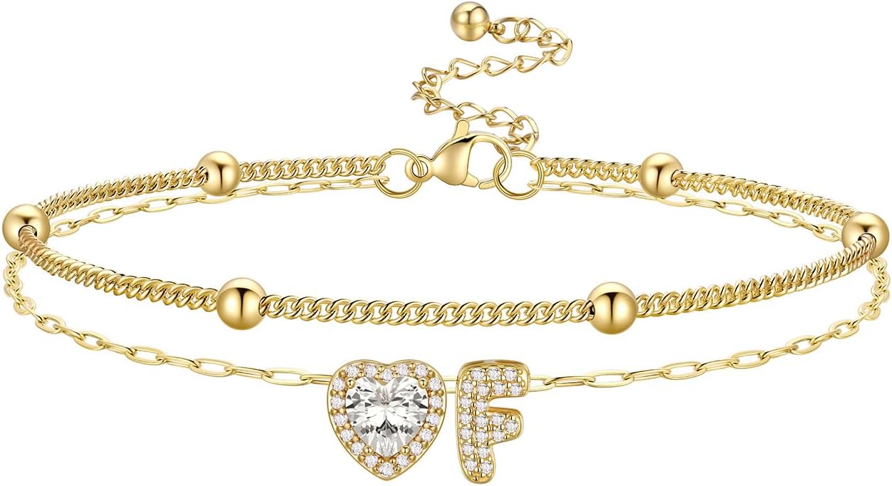 Bestyle Initial Anklet Bracelets for Women Waterproof Non Tarnish 14K Gold/White Gold Plated CZ Anklets for Women Dainty Layered Letter Heart Ankle Bracelets Adjustable Foot Chain Anklet