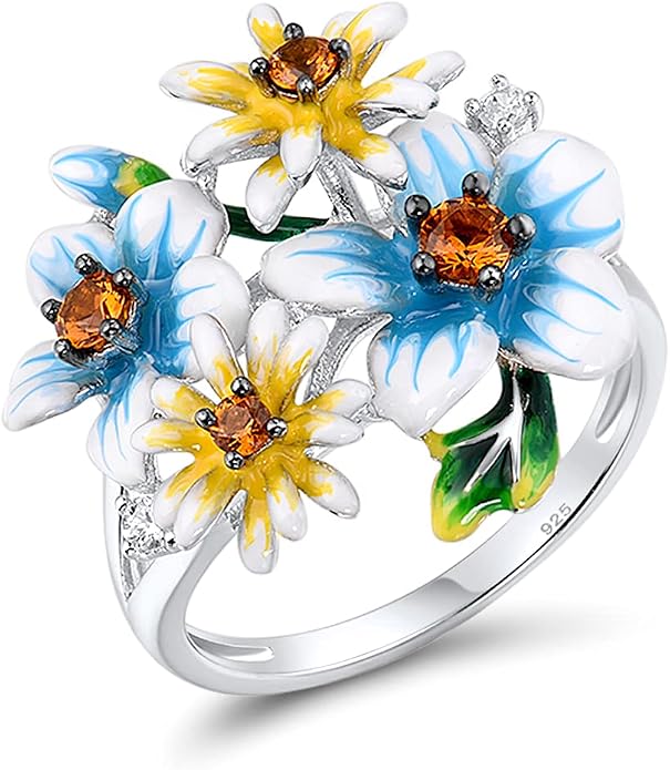 Santuzza 925 Sterling Silver Enamel Flower Ring for Women