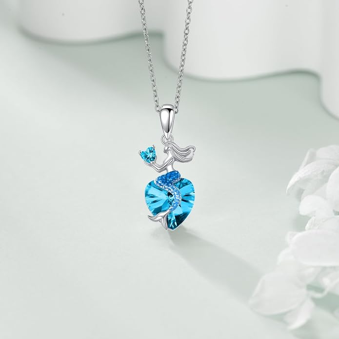 Mermaid Birthstone Necklace for Women 925 Sterling Silver Jewelry Austrian Crystal Pendant Christmas Gifts for Her