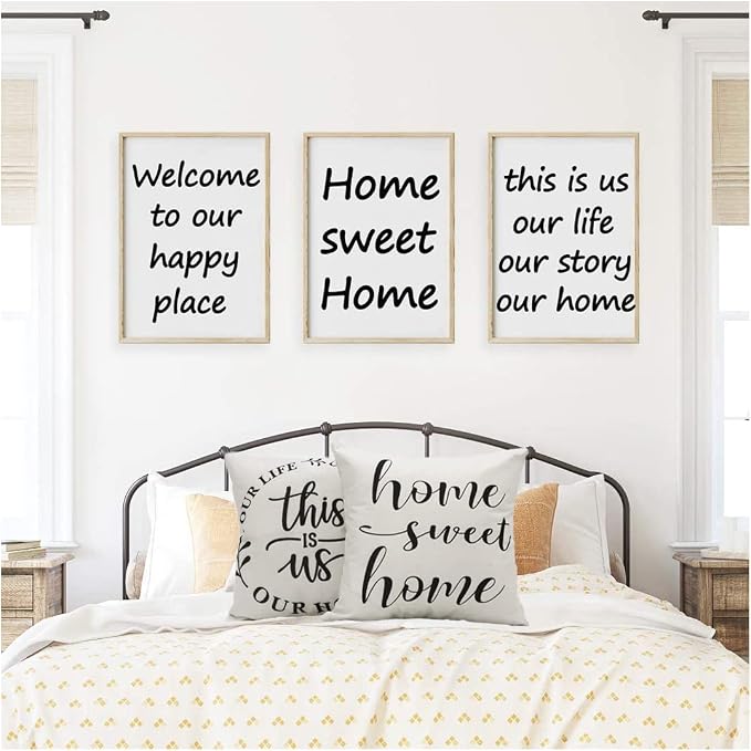Farmhouse Pillow Covers Family Throw Pillow Case Our Happy Place Home This is Us Quote Cushion Cover for Couch Sofa Cotton Linen 18x18 Set of 4 Housewarming Gifts