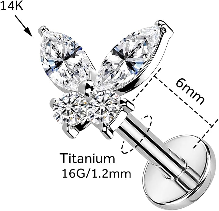 1Pcs 14K Yellow/White Gold Cartilage Earring for Women, 16G Threadless Flat Back Top Push in, Butterfly Tragus Helix Labret Lip Stud Piercing Jewelry