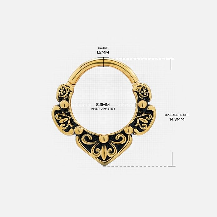 PUNKYOUTH 16G Titanium Septum Nose Ring Clicker Hoop 316L Surgical Steel Hinged Gothic Vintage Floral Style Earrings Piercing Jewelry for Nose Helix Rook Tragus 8mm Diameter