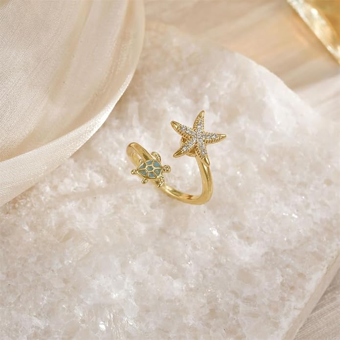 Dainty CZ Starfish Sea Turtle Open Adjustable Fidget Rings for Women Cute Crystal Sea Star Anxiety Spinner Statement Finger Band Rotating Animal Ring Comfort Fit Fashion Jewelry