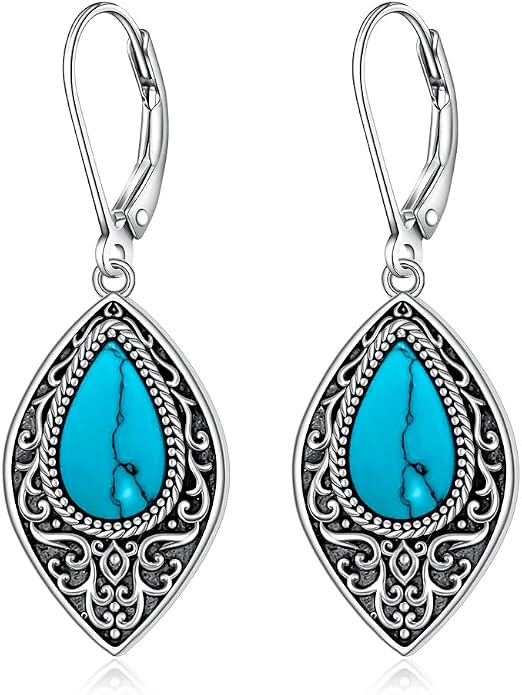 Turquoise Earrings for Women Sterling Silver Dangle Earrings Filigree Jewelry Drop Leverback Mothers Day Gift